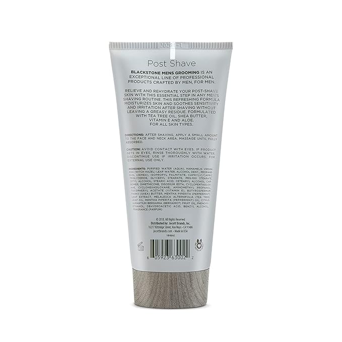 Blackstone Men's Grooming Post Shave Moisturizer with Tea Tree Oil, Shea Butter, Vitamin E, & Aloe | Soothing Cooling Balm | Cruelty & Paraben Free | Made in USA | Sandalwood (6 oz)