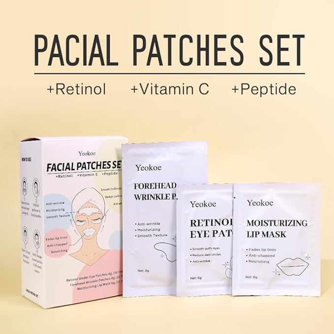 Yeokoe Forehead Wrinkle Patches,Under Eye Patches and Lip Mask 30 PCS. Face Masks Skincare With Retinol Serum For Anti-aging Puffy Eyes and Dark Circles