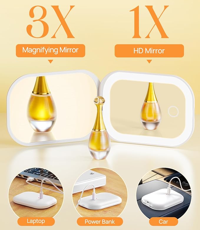 Gospire Lighted Travel Makeup Mirror with Light and Magnification 1X/3X, Stepless Dimming and Three-Color Adjustable Lights, Rechargeable Battery and Compact Size for Purse and Portable Use - White