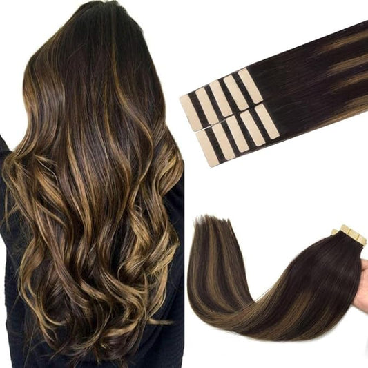 GOO GOO Tape in Hair Extensions Human Hair, 2/6/2 Balayage Dark Brown to Chestnut Brown, 16inch 25g 10pcs, Skin Weft Seamless Invisible, Silky Straight with Thick Ends, Remy Human Hair