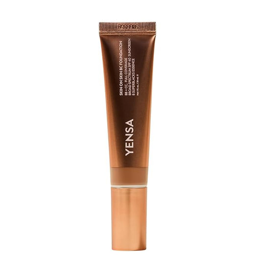 YENSA Skin on Skin BC Foundation Makeup - CC, BB Cream & Full Coverage Foundation-In-One - Buildable, Radiant Finish with SPF 40, Hyaluronic Acid, Peptides & 8 SuperBlacks - Tan Golden (1 oz)