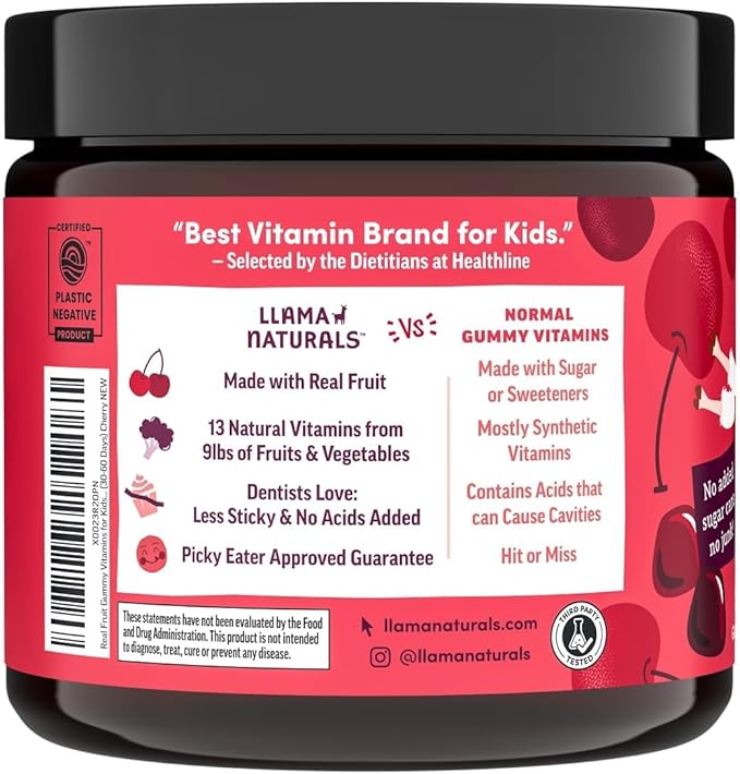 Llama Naturals Kids Multivitamin Gummies | Real Fruit, No Added Sugar Cane | Organic Vegan Toddler Whole Food Vitamins | Vitamin D, C & Beta Carotene Gummy Supplement | Cherry 90 Ct (1-2 Months)