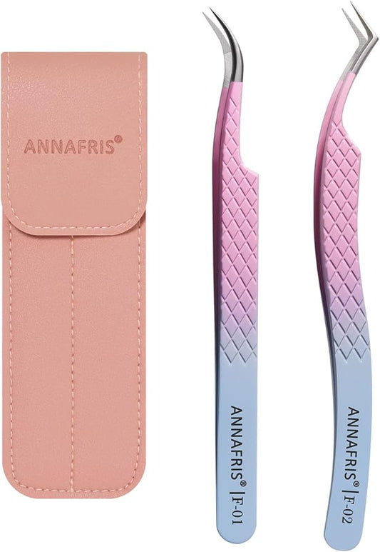 Eyelash Extension Tweezers,Fiber Tip Grip Boot Volume Lash Tweezers,Professional Pointed Lash Extension Tweezers for Easy Lash Application and Removal(2Pcs-F01/02)