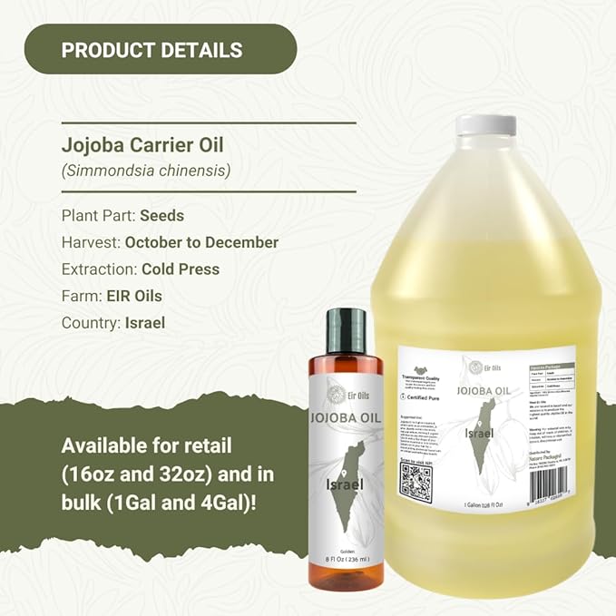 Nature Packaged Jojoba Oil - Direct from EIR Oils' Farm in Israel - 100% Pure Carrier Oil for Hair, Face, and Skin - Hand-Picked, Cold-Pressed Carrier Oil (1 Gallon)