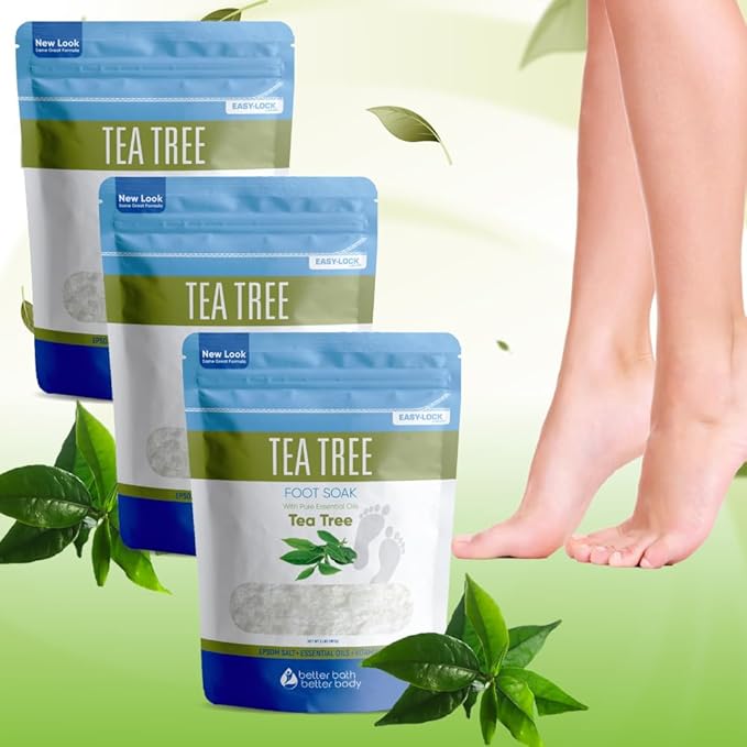 Tea Tree Foot Soak (3-Pack) Epsom Salt with Natural Tea Tree, Lavender and Eucalyptus Essential Oils Plus Vitamin C in BPA Free Pouch 6-Lbs Total