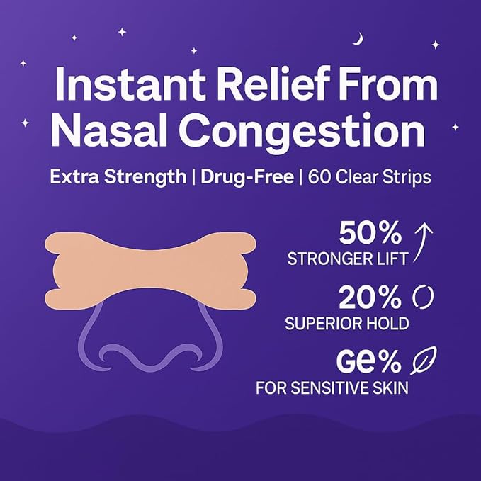 Extra Strength Nasal Strips for Snoring and Nasal Congestion Relief,Drug-Free Breath Better Nose Strips with Strong Adhesive,50% Stronger Lift,Clear Comfortable Design for Sensitive Skin,60 PCS