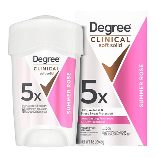 Degree Clinical Strength Antiperspirant Deodorant 96-Hour Sweat and Odor Protection Summer Rose Soft Solid 5x Types of Sweat 1.6 oz