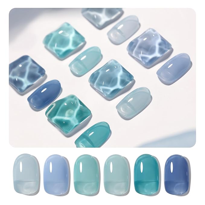 GAOY Jelly Blue Gel Nail Polish Set, 6 Transparent Colors, UV Light Cure Gel Polish for Salon and Nail Art DIY at Home