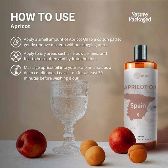 Nature Packaged Apricot Kernel Oil - Direct from Spain and Turkey - 100% Pure Carrier Oil for Hair, Face, and Skin - Cold-Pressed Carrier Oils - (16 oz) 1 Pack