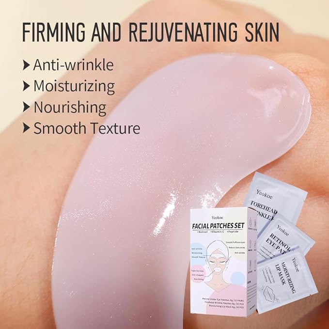 Yeokoe Forehead Wrinkle Patches,Under Eye Patches and Lip Mask 30 PCS. Face Masks Skincare With Retinol Serum For Anti-aging Puffy Eyes and Dark Circles