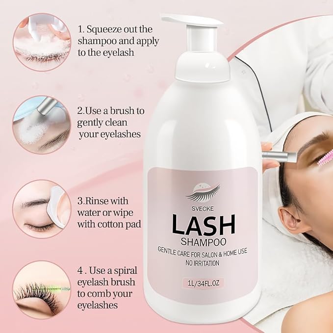 Lash Shampoo 34fl.oz/1L, Eyelash Shampoo for Lash Extension, Eyelash Extension Cleanser, Lash Eyelid Foam Cleaning Kit for Salon Use and Home Use