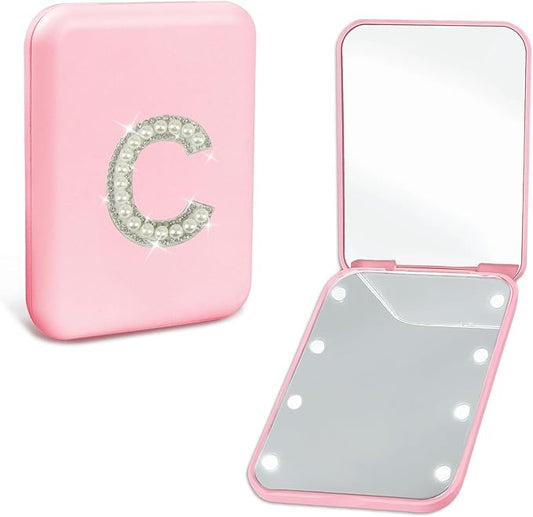 Trendy Mothers Day Birthday Gifts for Mom Travel Pocket Mirror with Lights Pink 1X/2X Magnification LED Compact Mirror, Small Folding Handheld Makeup Mirror Mom Nurses Gifts for Women (C)