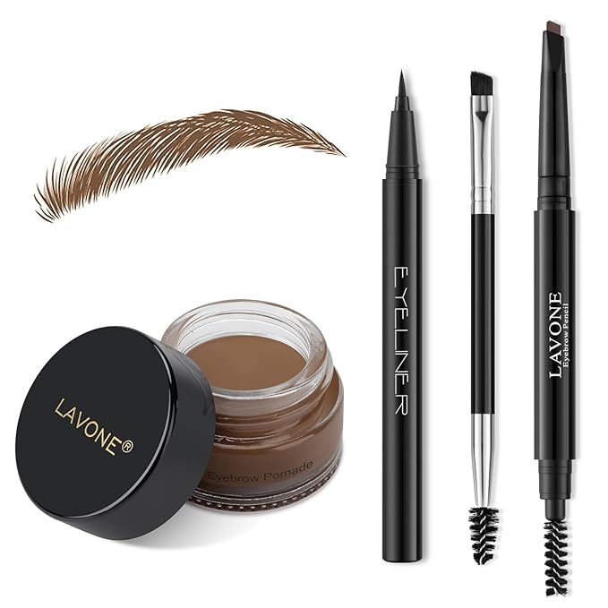 LAVONE Eyebrow Stamp Pencil Kit - Waterproof Eyebrow Pencil, Eyeliner, Pomade, Dual-ended Brush - Medium Ash Brown