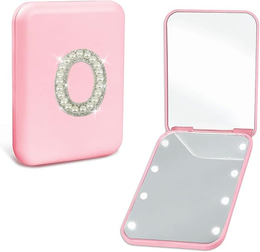 Personalized LED Pocket Mirror Pearl Letter 1X/2X Magnification Small Travel Makeup Mirror with Lights Pink Compact Mirror Portable Mirror Gifts Travel Essentials for Women Teen Girl (O)