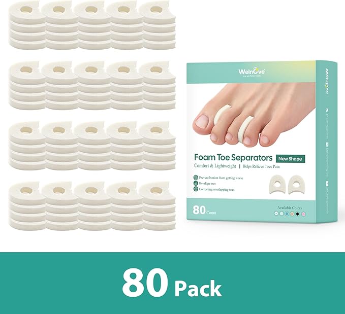 Welnove Foam Toe Separators - 80 Pack Toe Spacers for Corn, Blister, and Hammer Toe Relief - Breathable, Adhesive Options for Pain from Bunions, and Toe Overlap, Toe Spacers for Men