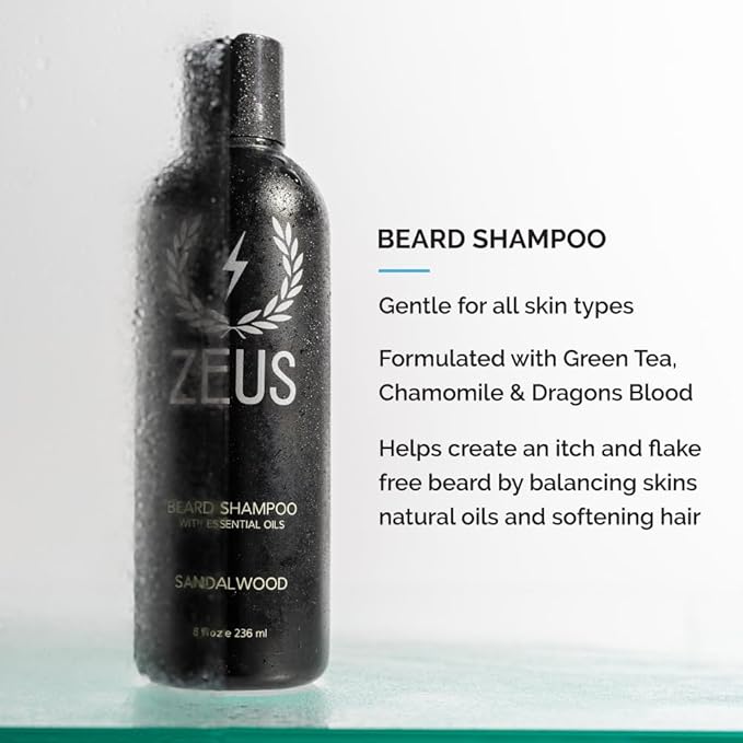 ZEUS Starter Beard Wash & Beard Oil Kit for Men, Softens, Hydrates & Moisturizes Facial Hair, Promotes Healthy Growth & Shine (Made In USA) Sandalwood