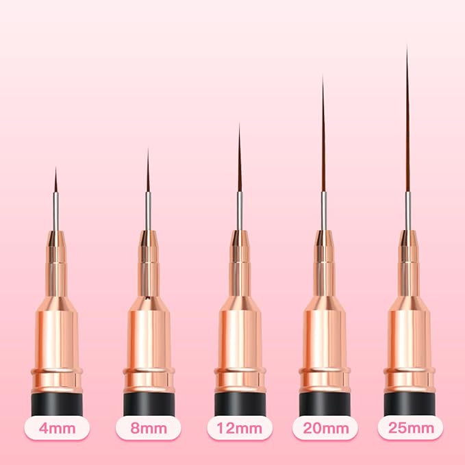 Metallic Nail Art Brushes, 5Pcs Liner Brush Set, UV Gel Polish Painting Art Design Pen for Long Lines, Thin Details, Fine Drawing Sizes 4/8/12/20/25mm(Black)