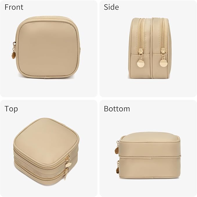 Small Makeup Pouch, Double Zipper Cosmetic Bag, Travel Makeup Bag, Cute Makeup Bag for Purse, Mini Toiletry Bag (Beige)