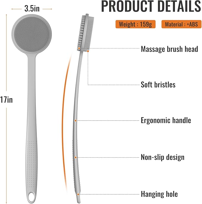 Silicone Back Scrubber for Shower, 17in Lengthen Long Handle Body Brush, Double Sided Shower Brush for Shower Exfoliating and Massage Can Produce Rich Foam, Long Handle Back Scrubber for Men