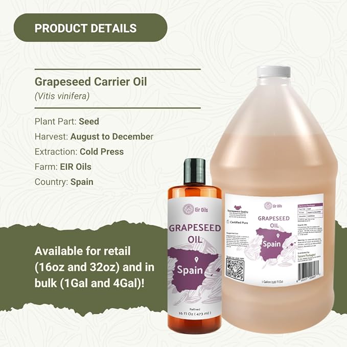 Nature Packaged Grapeseed Oil - Pure Grapeseed oil for Skin - 100% Pure Carrier Oil for Hair, Face, and Skin - Direct from EIR Oils in the Beautiful Spanish Countryside (4 Gallons)
