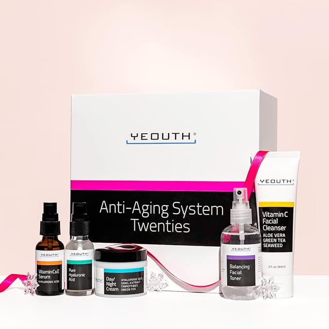 YEOUTH Skin Care Set: Hyaluronic Acid Serum for Face | Vitamin C Facial Serum | Face Cleanser | Skincare Toner & Cream | Hydrating Valentine's Day Skin Care Gift Set 5-Piece