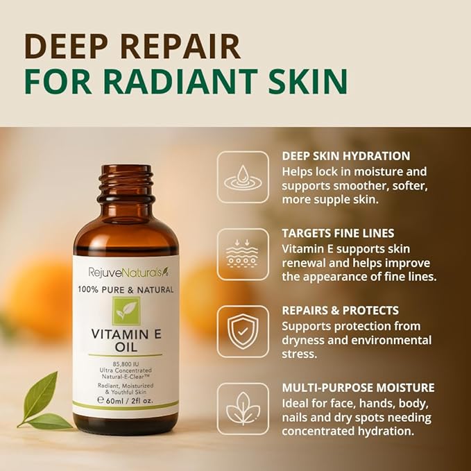 Vitamin E Oil - 100% Pure & Natural, 85,800 IU. Repair Dry, Damaged Skin from Surgery & Acne, Age Spots & Wrinkles. Boost Collagen for Moisturized, Youthful-looking Skin. d-alpha tocopherol, 2 Fl Oz