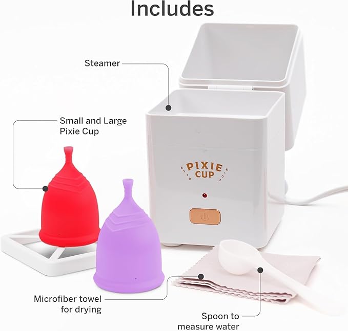 Pixie Menstrual Cups with Sterilizer - The Most Comfortable Soft Reusable Period Cup - Kills 99.9% of Germs with Clean Steam - Wash Your Cup in 3 Minutes! - Compact Sanitizer Kit for Feminine Care