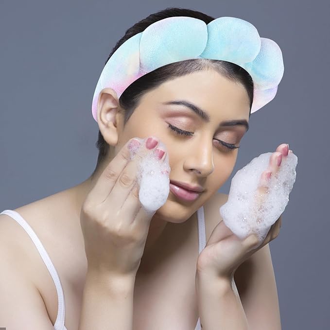 CAVETEE Spa Headband for Washing Face, Sink Care Headband for Women Sponge Bubble Makeup Head band for Women, Soft Velour Hair Accessoriesfor Girls (Tie Dyed, one size)