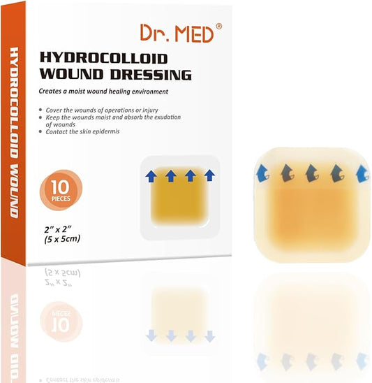 Dr. Med Hydrocolloid Wound Dressing 2"x2"-10 Pack/Box, Waterproof Adhesive Bordered Bandage, for Light Exudate, Abrasions, Pressure Ulcer, Bed Sore, Superficial Wound Care