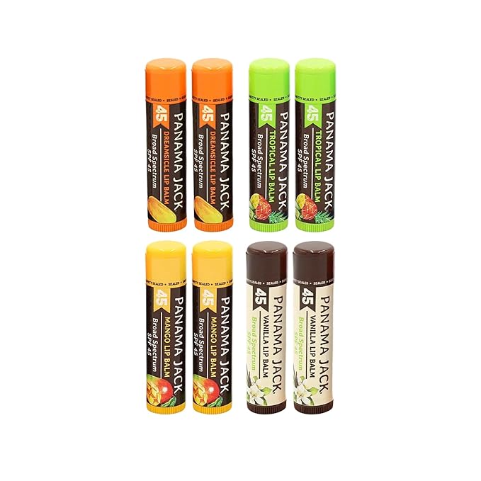 Panama Jack Passport to Flavor - Travel Sunscreen Lip Balm Bulk SPF 45 Stick - 8 Pack Dreamsicle, Mango, Tropical & Vanilla