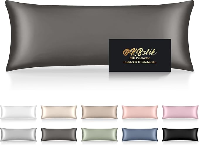 Silk Body Pillow Cases, Mulberry Silk Body Pillow Cover with Zipper, Smooth, Anti Acne, Cooling Sleep Both Sides Natural Silk Satin 20x54 Body Pillowcase, Gifts for Women Men, Dark Gray