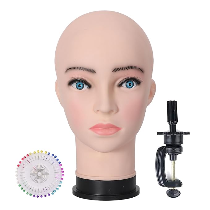 Bald Female Mannequin Head 21.6 Inches Big Head Circumference Makeup Training Head Wig Head Professional Cosmetology for Wig Making Hat Helmet Glasses Display Head Model with Clamp Stand