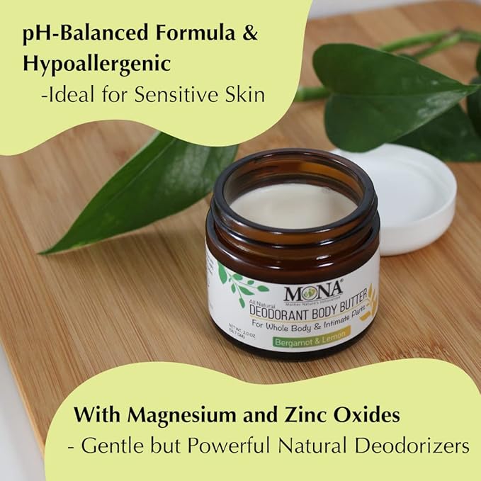 MONA All Natural Whole Body Deodorant Cream for Women & Men | For Private Parts | Aluminum & Baking Soda Free with Natural Fragrance | Bergamot & Lemon 2.0 oz (Pack of 1)