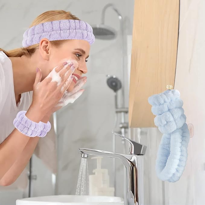 Face Wash Headband and Wristband Set of 2, Purple and Blue, Microfiber, Fitness, Unisex, with Wrist Towel Holder