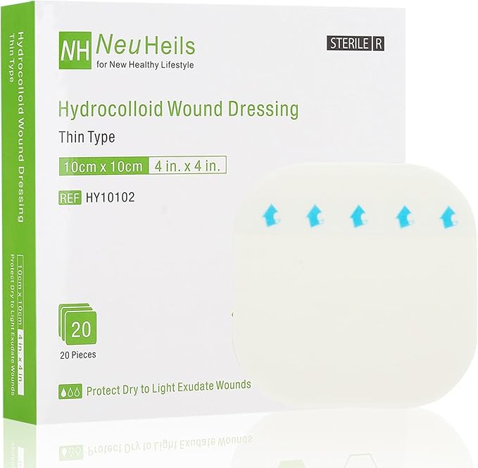 20 Pack Hydrocolloid Wound Dressing 4x4 Inch Extra Thin Hydrocolloid Bandages Patches for Light Exudates Pressure Ulcers, Bed Sores, Minor Burns, Cuts & Abrasions, Blister & Surgical Wound Care