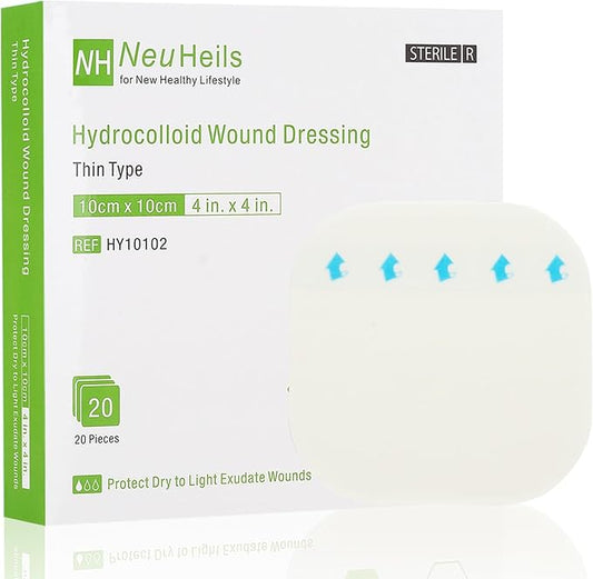 20 Pack Hydrocolloid Wound Dressing 4x4 Inch Extra Thin Hydrocolloid Bandages Patches for Light Exudates Pressure Ulcers, Bed Sores, Minor Burns, Cuts & Abrasions, Blister & Surgical Wound Care