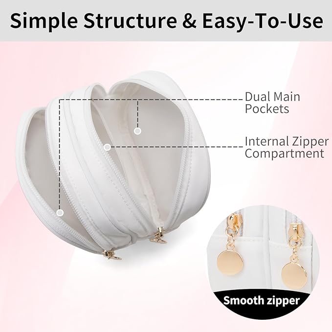 Small Makeup Pouch, Double Zipper Cosmetic Bag, Travel Makeup Bag, Cute Makeup Bag for Purse, Mini Toiletry Bag (White)