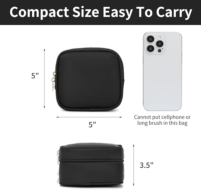 Small Makeup Pouch, Double Zipper Cosmetic Bag, Travel Makeup Bag, Cute Makeup Bag for Purse, Mini Toiletry Bag (Black)