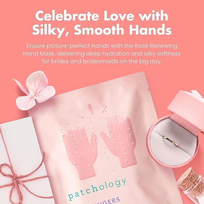 Patchology Rosé Fingers Renewing Hand Mask - Strawberry-Scented Moisturizing Gloves with Shea Butter for Dry & Cracked Hands, Repairing Hand Treatment for Baby Soft Skin, Self-Care Essential - 1 Pair