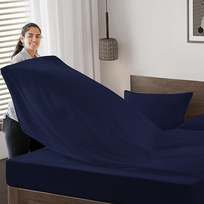 Maple&Stone Full Flat Sheet 6 Pack,Premium Soft & Breathable,Brushed Microfiber Fabric,Anti-Shrinkage & Non-Fading,Bulk Flat Sheets Only Full Size(Navy)