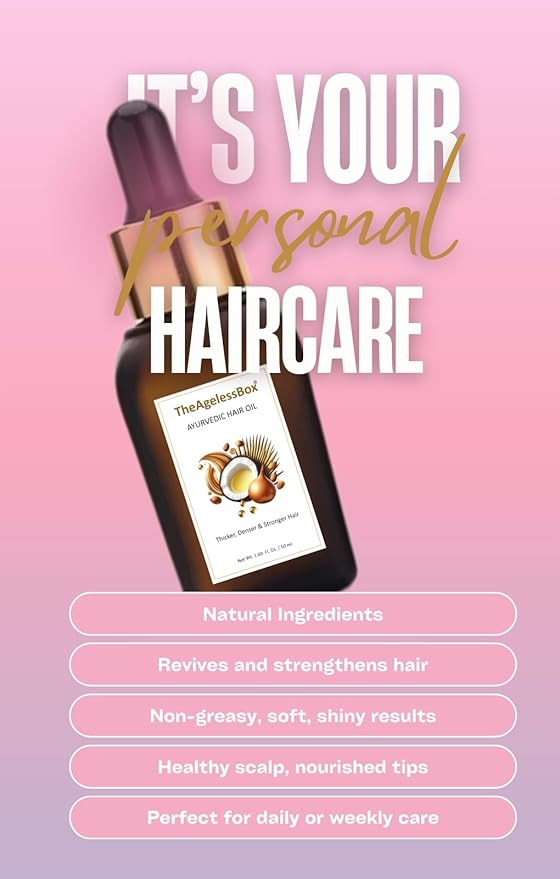 The Ageless Box Ayurvedic Hair Oil Serum – Reduces Hair Fall, Tames Frizz & Curls, Strengthens Roots & Supports Hair Growth – Amla, Argan, Bhringraj & Rosemary Blend – Vegan, Cruelty-Free – 50ml