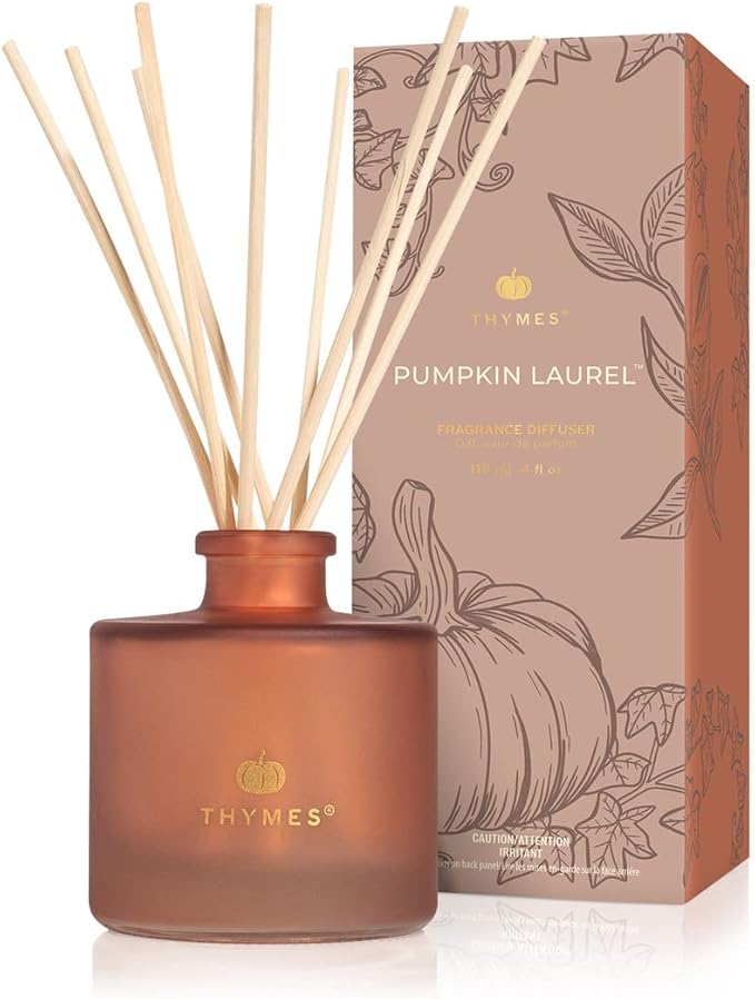Thymes Petite Oil Reed Diffuser Set – Includes Reed Diffuser Sticks, Fragrance Oil, & Glass Bottle – Luxury Home Decor – Fall Decor – Fall Scents – Burnt Orange (Pumpkin Laurel, 4 fl oz)