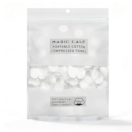 Classycoo Compressed Towel 100 PCS Mini Tablets Disposable Portable Face Towel Cotton Coin Tissue for Travel, Camping, Hiking, Sport, Beauty Salon, Home Hand Wipes and Other Outdoor Activities (White)