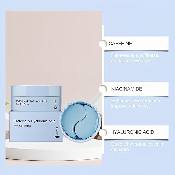 Caffeine Under Eye Patches,60 Korean Hydrogel Masks to Reduce Dark Circles, Puffiness & Bags-Morning Brightening Hydrating Cooling with Hyaluronic Acid-Vegan, No Fragrance
