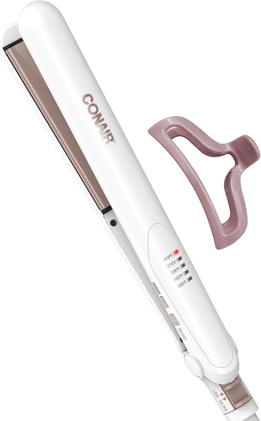 Conair Double Ceramic Flat Iron, 1-Inch Flat Iron Hair Straightener with Claw Clip, 5 Heat Settings, Extra-Long Floating Plates, White