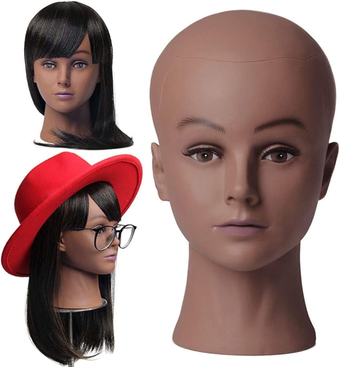 Bald Female Mannequin Head with Eyelash Training Head Wig Head Professional Cosmetology for Wig Making and Display Hat Helmet Glasses or Masks Display Head Model with Free T-Pins (Dark Brown)