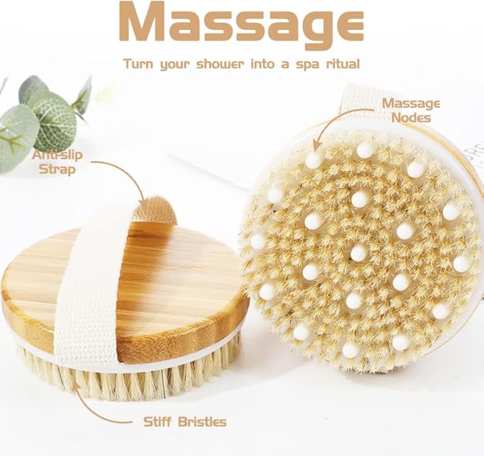 Bamboo Dry Body Brush Back Scrubber for Shower Handheld Bath Massage Brushes with Silicone Nodes Natural Bristle Brushing Exfoliator