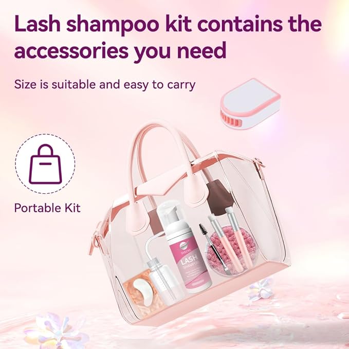 Lash Shampoo Kit, 2 fl.oz / 60ml Eyelash Cleanser, Eyelash Shampoo for Lash Extensions, Lash Cleaning Kit with Lash Fan Dryer, Eyelash Remover for Salon and Home Use
