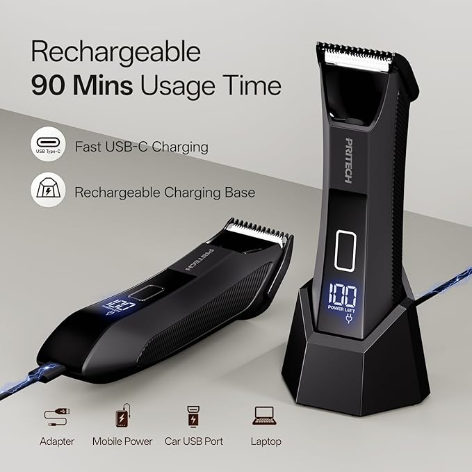 PRITECH Body Trimmer for Men,Body Hair Trimmer & Electric Razor for Pubic,Groin,Chest,Back,Balls,Waterproof Men's Groomer with 2 in 1 Ceramic & Foil Blades for Sensitive Areas,Cordless & Rechargeable