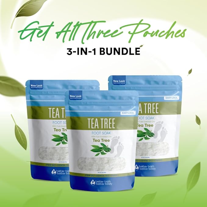 Tea Tree Foot Soak (3-Pack) Epsom Salt with Natural Tea Tree, Lavender and Eucalyptus Essential Oils Plus Vitamin C in BPA Free Pouch 6-Lbs Total